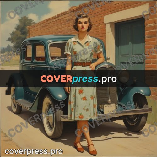 Pin up illustration: woman by an old car