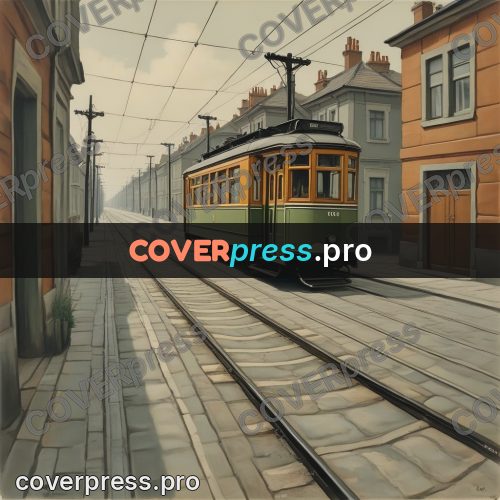 Pin up illustration: tram on a city street
