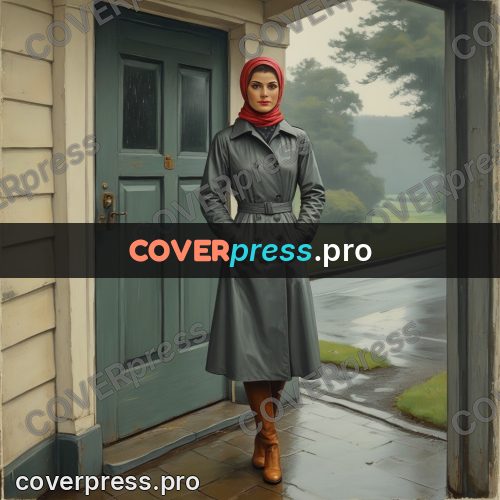 Pin up illustration: woman in a raincoat in rain