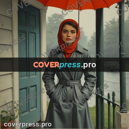 Pin up illustration: woman in a raincoat in rain