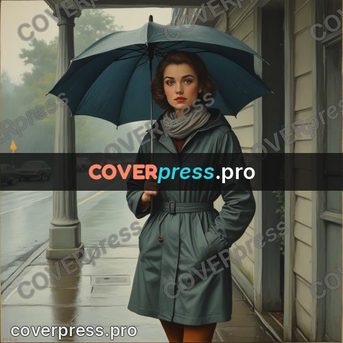 Pin up illustration: woman in a raincoat in rain