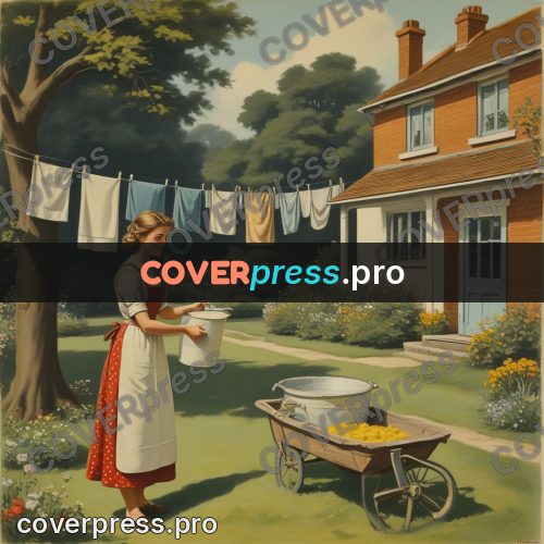 Pin up illustration: woman hanging laundry in a yard
