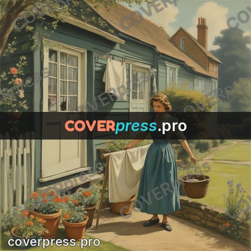 Pin up illustration: woman hanging laundry in a yard