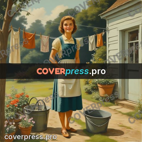 Pin up illustration: woman hanging laundry in a yard