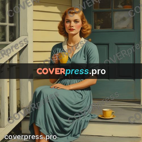 Pin up illustration: woman with a cup on steps
