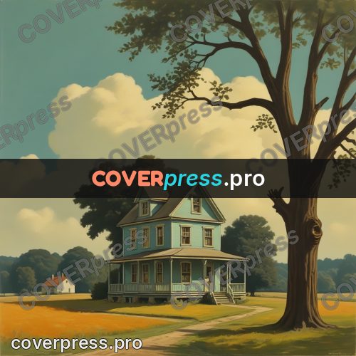 Pin up illustration: house and tree in a field