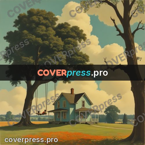Pin up illustration: house and tree in a field