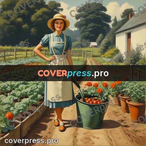 Pin up illustration: woman watering the garden beds