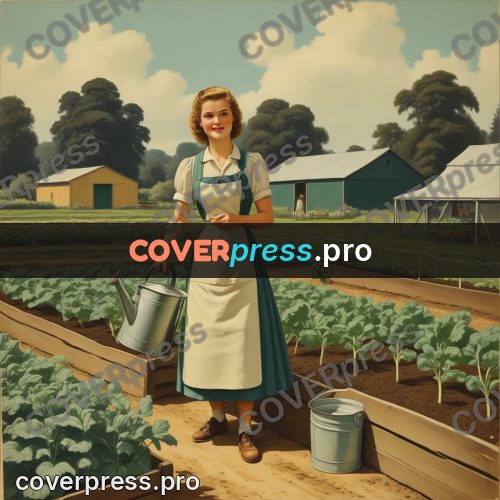 Pin up illustration: woman watering the garden beds