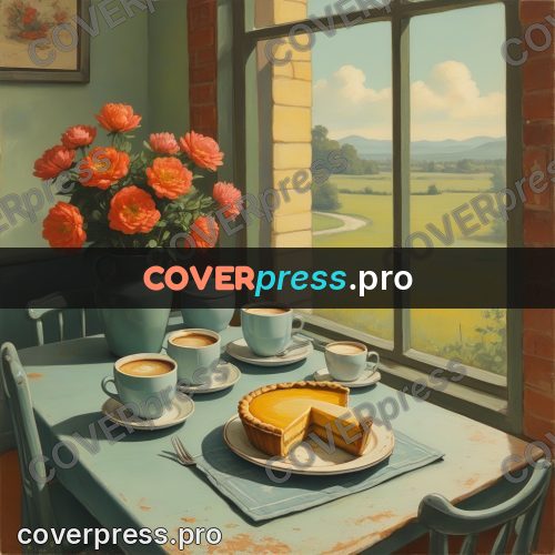 Pin up illustration: pie and coffee by a window