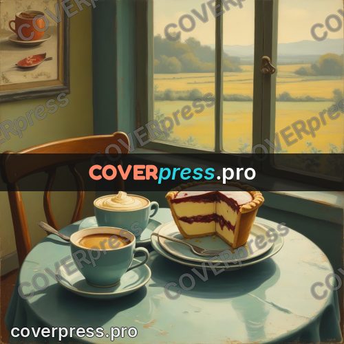 Pin up illustration: pie and coffee by a window