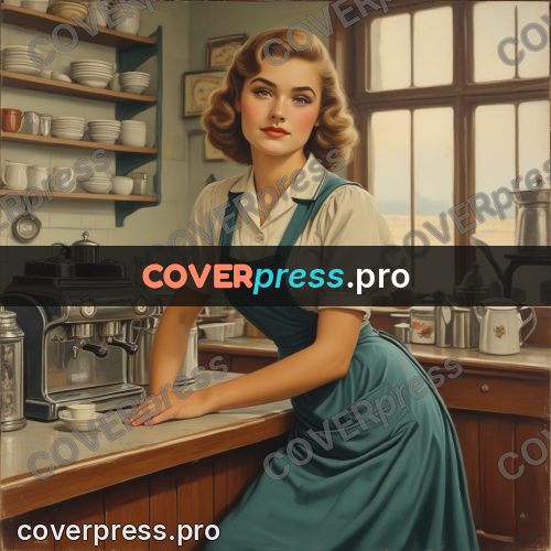 Pin up illustration: woman behind a cafe counter