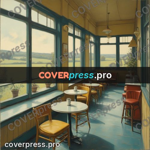 Pin up illustration: cafe room with tables by windows