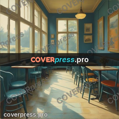 Pin up illustration: cafe room with tables by windows