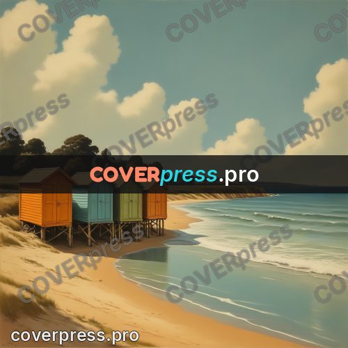 Pin up illustration: beach huts by the water