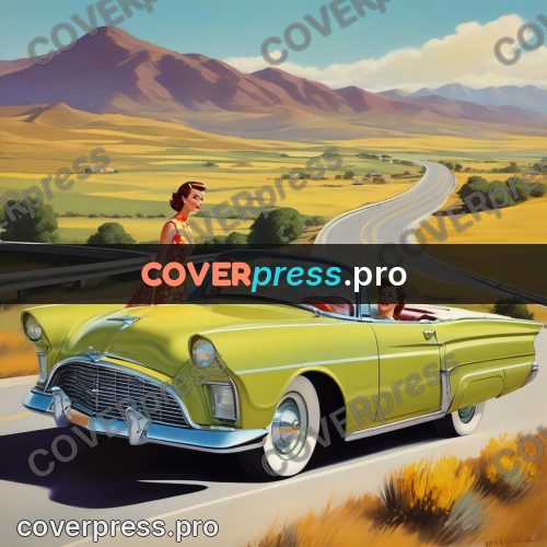 60s retro illustration: woman by an open car