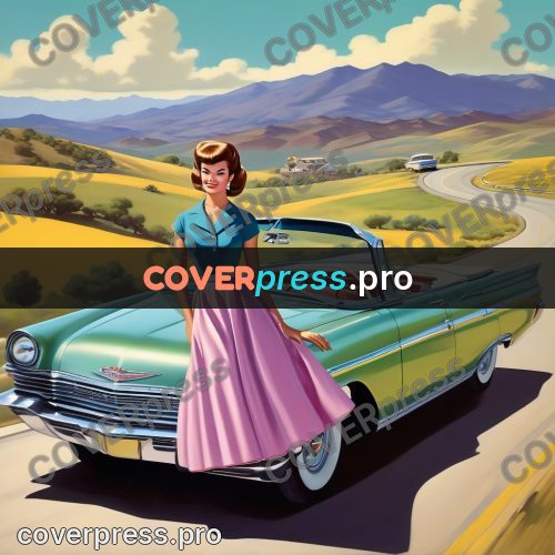 60s retro illustration: woman by an open car