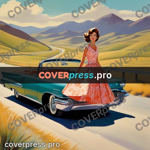 60s retro illustration: woman by an open car