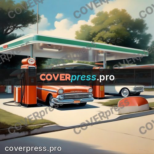 60s retro illustration: filling station with cars