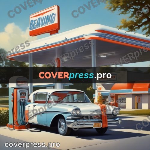 60s retro illustration: filling station with cars