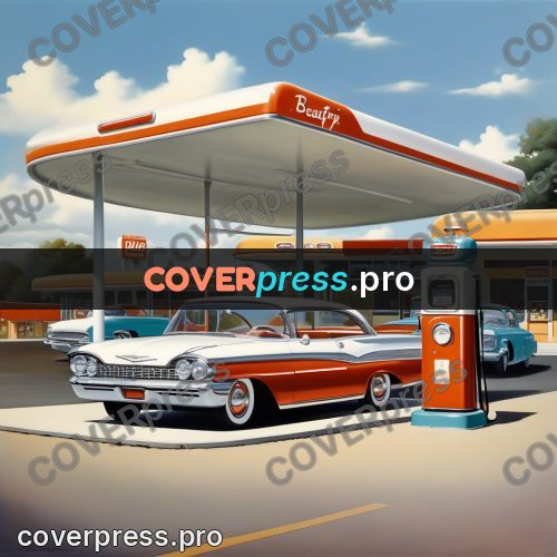 60s retro illustration: filling station with cars