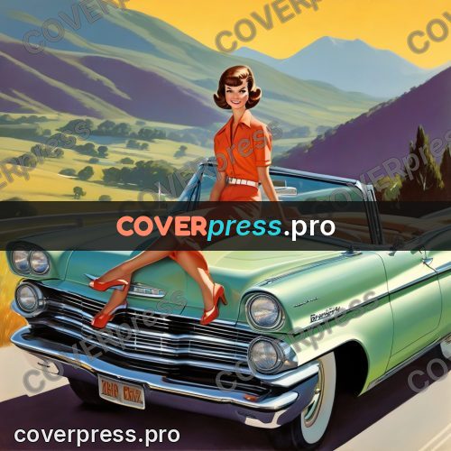 60s retro illustration: woman on a car bonnet