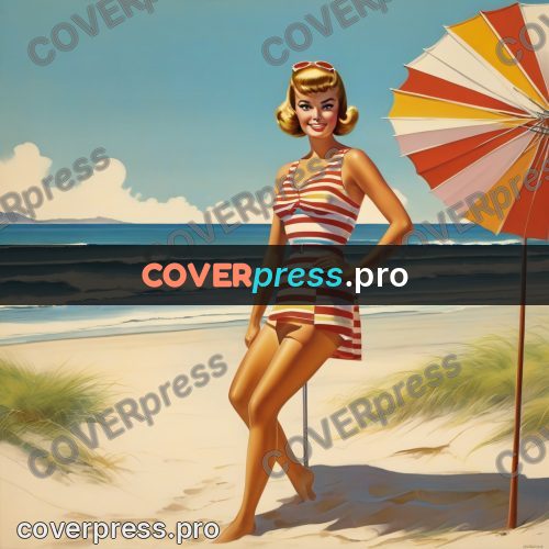 60s retro illustration: woman with a beach parasol