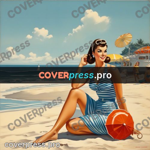 60s retro illustration: woman with a beach parasol