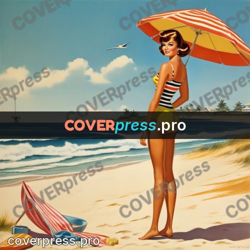 60s retro illustration: woman with a beach parasol