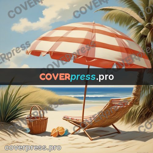 60s retro illustration: beach parasol and basket on sand