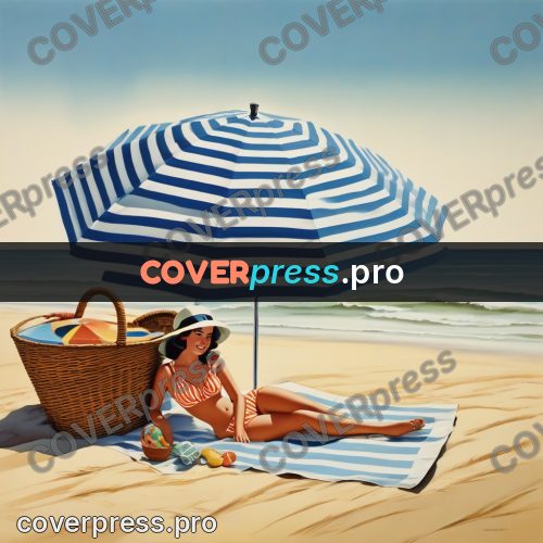 60s retro illustration: beach parasol and basket on sand