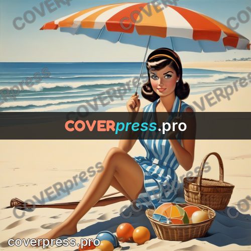 60s retro illustration: beach parasol and basket on sand
