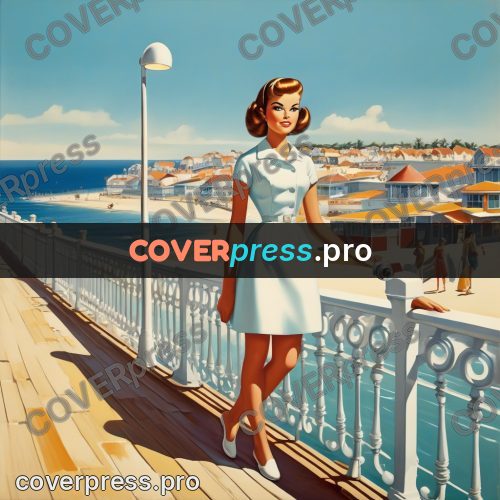 60s retro illustration: seafront with houses by the sea