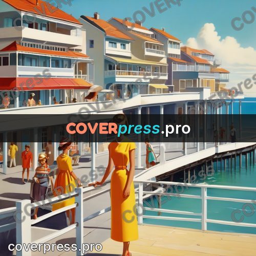 60s retro illustration: seafront with houses by the sea