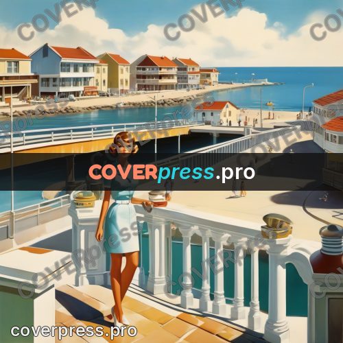 60s retro illustration: seafront with houses by the sea