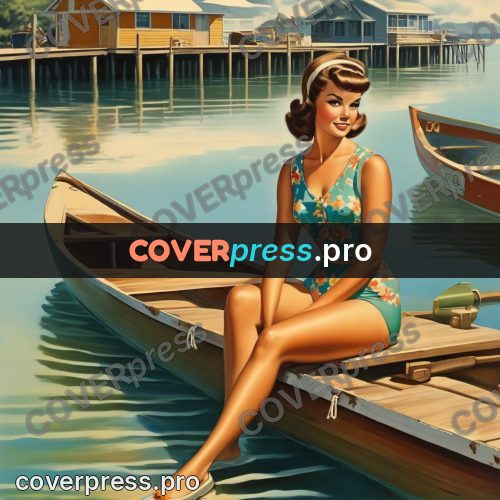 60s retro illustration: woman on a wooden jetty