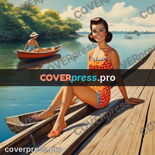 60s retro illustration: woman on a wooden jetty