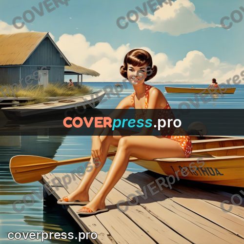 60s retro illustration: woman on a wooden jetty
