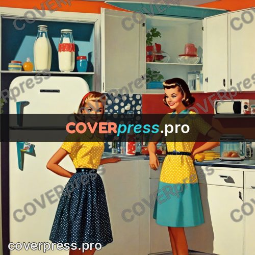 60s retro illustration: woman at an open refrigerator