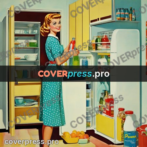 60s retro illustration: woman at an open refrigerator