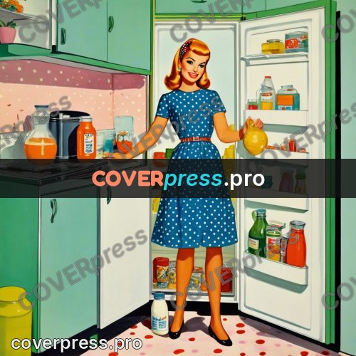60s retro illustration: woman at an open refrigerator