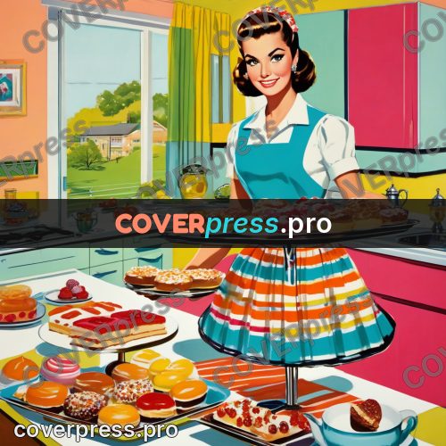 60s retro illustration: woman with baking in a kitchen