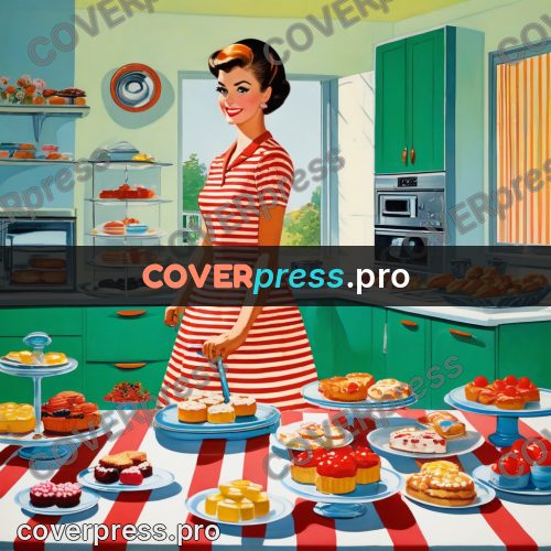 60s retro illustration: woman with baking in a kitchen