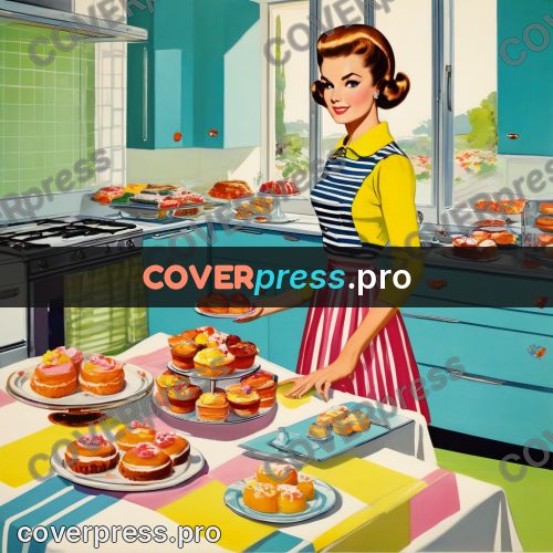 60s retro illustration: woman with baking in a kitchen