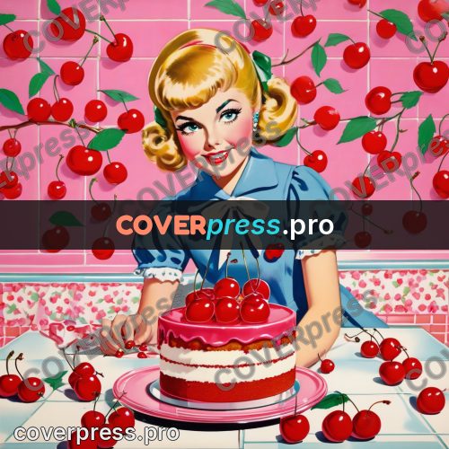 60s retro illustration: cherry cake on a stand