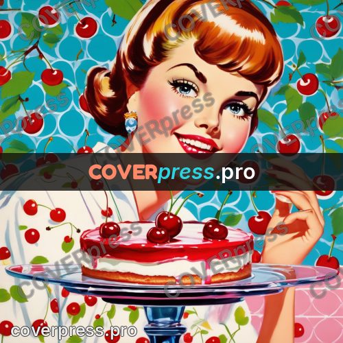 60s retro illustration: cherry cake on a stand