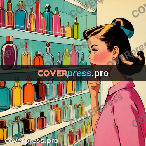 60s retro illustration: woman by shelves of bottles