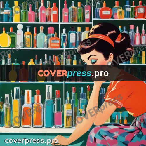 60s retro illustration: woman by shelves of bottles