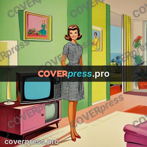 60s retro illustration: woman by a television set