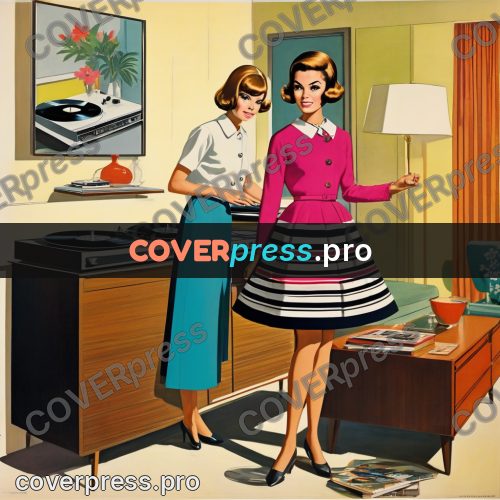 60s retro illustration: woman by a record player